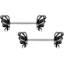 Load image into Gallery viewer, 14G 1/2 Black Gem Abstract Bow Barbell Nipple Ring Set