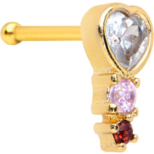 Load image into Gallery viewer, 20G 1/4 Clear Pink Red CZ Gem Gold Tone Heart Valentine Nose Bone