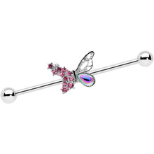 Load image into Gallery viewer, 14G Pink Aurora Gem Super Glam Butterfly Industrial Barbell 38mm