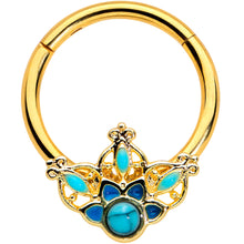 Load image into Gallery viewer, 16G 3/8 Turquoise Gold Tone Opulent Flower Hinged Segment Ring