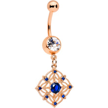 Load image into Gallery viewer, Clear Blue Gem Rose Gold Tone Wicked Web Dangle Belly Ring