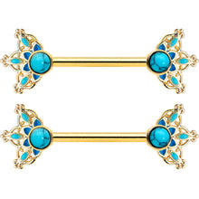 Load image into Gallery viewer, 14G 9/16 Blue Turquoise Gold Tone Opulent Bloom Nipple Ring Set