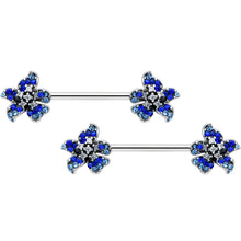 Load image into Gallery viewer, 14G 9/16 Clear Blue Gem Evening Flower Barbell Nipple Ring Set