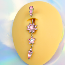 Load image into Gallery viewer, Pink Gem Triple Top Double Flower Drop Dangle Belly Ring