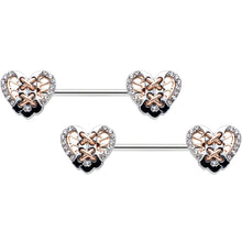Load image into Gallery viewer, 14G 9/16 Clear Gem Tie Me Up Corset Heart Barbell Nipple Ring Set