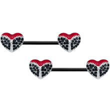 Load image into Gallery viewer, 14G 9/16 Black CZ Gem Black Unzipped Heart Barbell Nipple Ring Set