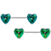 Load image into Gallery viewer, 14G 9/16 Green CZ Gem Heart Valentines Day Nipple Ring Set