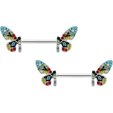 Load image into Gallery viewer, 14G 9/16 Red Blue Gem Multi Butterfly Barbell Nipple Ring Set