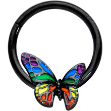 Load image into Gallery viewer, 16G 3/8 Black Rainbow Pride Butterfly Hinged Segment Ring