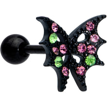 Load image into Gallery viewer, 16G 1/4 Pink Green Gem Black Bat Wings Halloween Cartilage Tragus