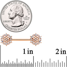 Load image into Gallery viewer, 14G 9/16 Clear CZ Gem Rose Gold Hue Geometric Web Nipple Ring Set