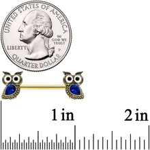 Load image into Gallery viewer, 14G 9/16 Blue Gem Gold Tone Wide Eye Owl Barbell Nipple Ring Set