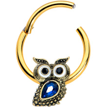 Load image into Gallery viewer, 16G 3/8 Blue Gem Gold Tone Wide Eyed Owl Hinged Segment Ring