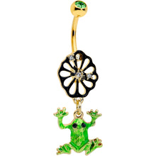 Load image into Gallery viewer, Clear Green Gem Gold Tone Flower Tree Frog Dangle Belly Ring