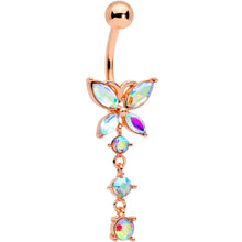 Load image into Gallery viewer, Aurora CZ Gem Rose Gold Tone Open Wing Butterfly Dangle Belly Ring