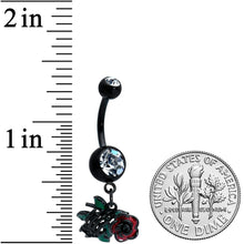 Load image into Gallery viewer, Clear Gem Black Skeleton Flower Halloween Dangle Belly Ring