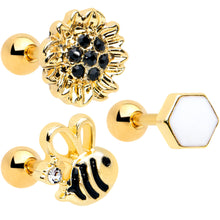 Load image into Gallery viewer, 16G 1/4 Black CZ Gem Gold Tone Beehive Cartilage Earring Set of 3