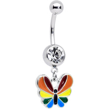 Load image into Gallery viewer, Clear Gem Pride Rainbow Stripes Butterfly Dangle Belly Ring
