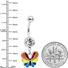 Load image into Gallery viewer, Clear Gem Pride Rainbow Stripes Butterfly Dangle Belly Ring