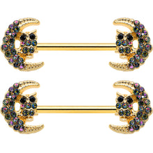 Load image into Gallery viewer, 14G 5/8 Aurora Gem Gold Tone Owl Moon Barbell Nipple Ring Set