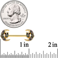Load image into Gallery viewer, 14G 5/8 Aurora Gem Gold Tone Owl Moon Barbell Nipple Ring Set