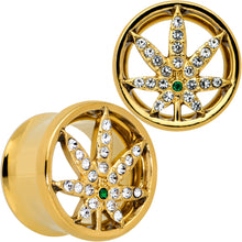 Load image into Gallery viewer, Green Gem Gold Tone Pot Leaf Double Flare Tunnel Plug Set