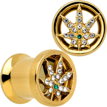 Load image into Gallery viewer, Green Gem Gold Tone Pot Leaf Double Flare Tunnel Plug Set