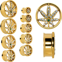 Load image into Gallery viewer, Green Gem Gold Tone Pot Leaf Double Flare Tunnel Plug Set