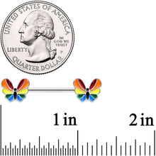 Load image into Gallery viewer, 14G 9/16 Pride Rainbow Stripe Butterfly Barbell Nipple Ring Set
