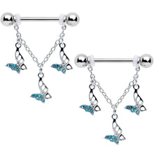 Load image into Gallery viewer, 14G 9/16 Blue Gem Open Butterfly Chain Dangle Nipple Ring Set