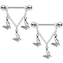 Load image into Gallery viewer, 14G 9/16 Clear Gem Open Butterfly Chain Dangle Nipple Ring Set