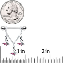 Load image into Gallery viewer, 14G 9/16 Pink Gem Open Butterfly Chain Dangle Nipple Ring Set