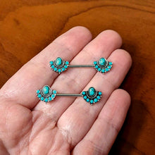 Load image into Gallery viewer, 14G 9/16 Blue Turquoise Southwest Shield Barbell Nipple Ring Set