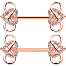 Load image into Gallery viewer, 14G 1/2 Clear CZ Gem Rose Gold Hue Infinity Heart Nipple Ring Set