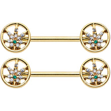 Load image into Gallery viewer, 14G 9/16 Clear Green Gem Gold Hue Pot Leaf Circle Nipple Ring Set