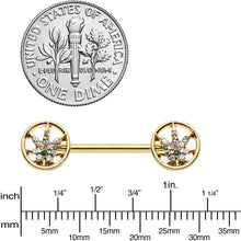 Load image into Gallery viewer, 14G 9/16 Clear Green Gem Gold Hue Pot Leaf Circle Nipple Ring Set