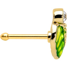 Load image into Gallery viewer, 20G 1/4 Clear Gem Gold Tone Lush Green Leaf Nose Bone