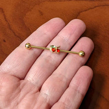 Load image into Gallery viewer, 14G Red Gem Gold Tone Tasty Cherry Fruit Industrial Barbell 38mm