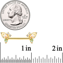 Load image into Gallery viewer, 14G 9/16 Clear CZ Gem Gold Hue Abstract Butterfly Nipple Ring Set