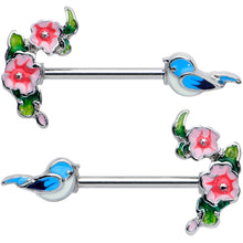 Load image into Gallery viewer, 14G 9/16 Happy Blue Bird Pink Flowers Barbell Nipple Ring Set