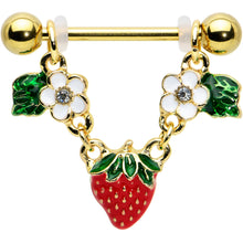 Load image into Gallery viewer, 14G 9/16 Clear Gem Gold Tone Strawberry Dangle Nipple Ring Set