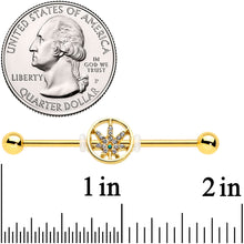 Load image into Gallery viewer, 14G Clear Gem Gold Tone Pot Leaf Circle Industrial Barbell 38mm
