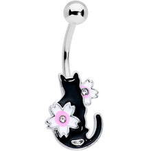 Load image into Gallery viewer, Clear Gem Black Cat Pink Flowers Belly Ring