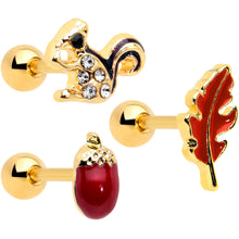 Load image into Gallery viewer, 16G 1/4 Clear Gem Gold Hue Autumn Acorn Cartilage Tragus Set of 3