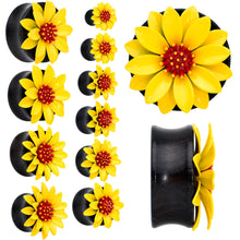 Load image into Gallery viewer, Natural Wood Yellow Sunflower Double Flare Plug Set
