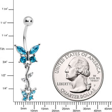 Load image into Gallery viewer, Clear Aqua Gem Vine Butterfly Dangle Belly Ring