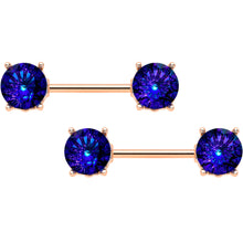 Load image into Gallery viewer, 14G 9/16 Blue Gem Rose Gold Tone Simply Elegant Nipple Ring Set
