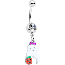Load image into Gallery viewer, Clear Gem Trick or Treat Purple Bow Ghost Halloween Dangle Belly Ring