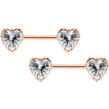 Load image into Gallery viewer, 14G 9/16 Grey CZ Gem Rose Gold Tone Heart Nipple Ring Set