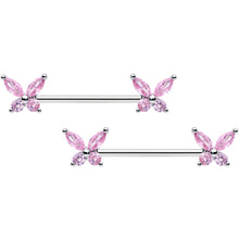 Load image into Gallery viewer, 14G 3/4 Pink CZ Gem Butterflies Barbell Nipple Ring Set